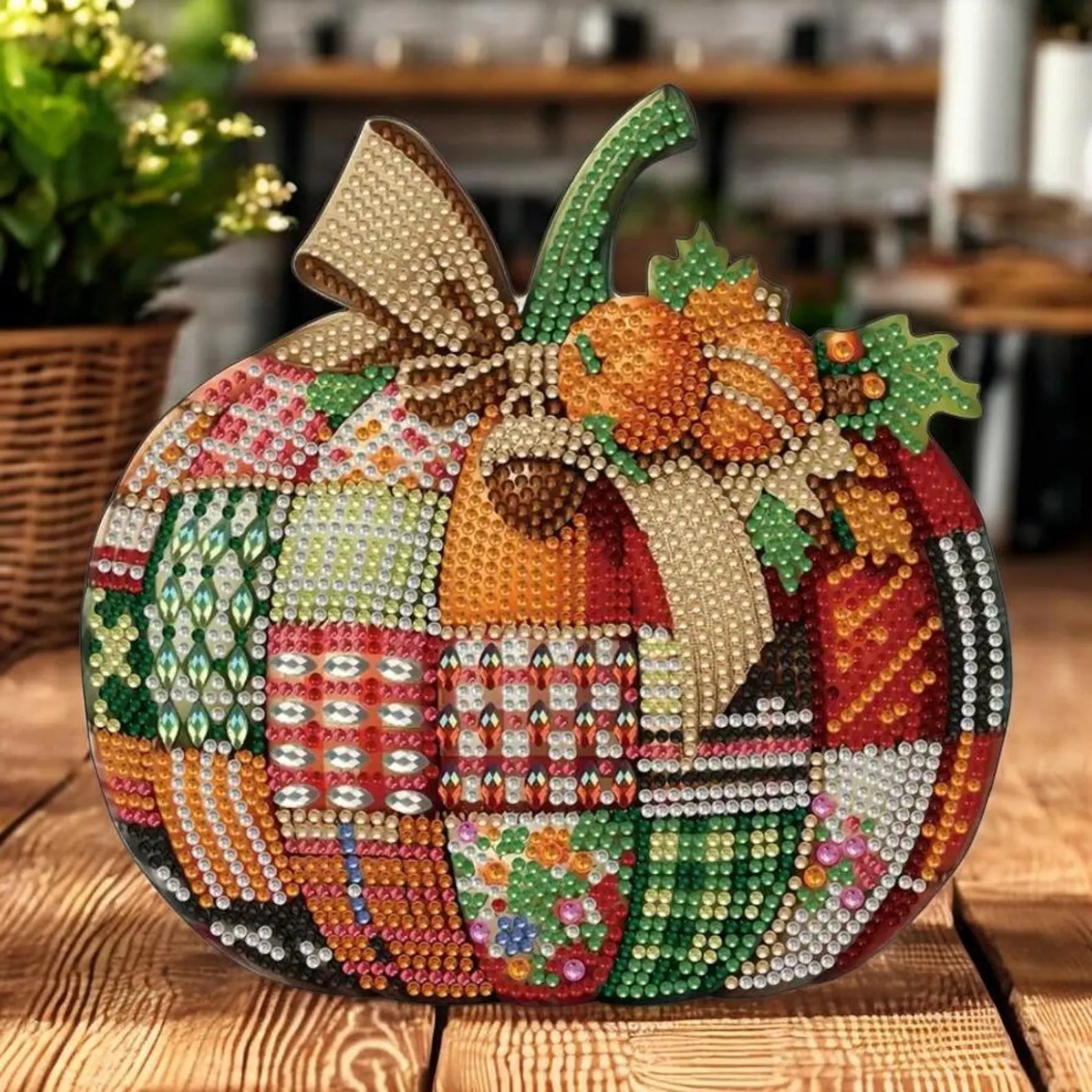 Plaid Patchwork Pumpkin Diamond Art Wooden Table Topper Kit