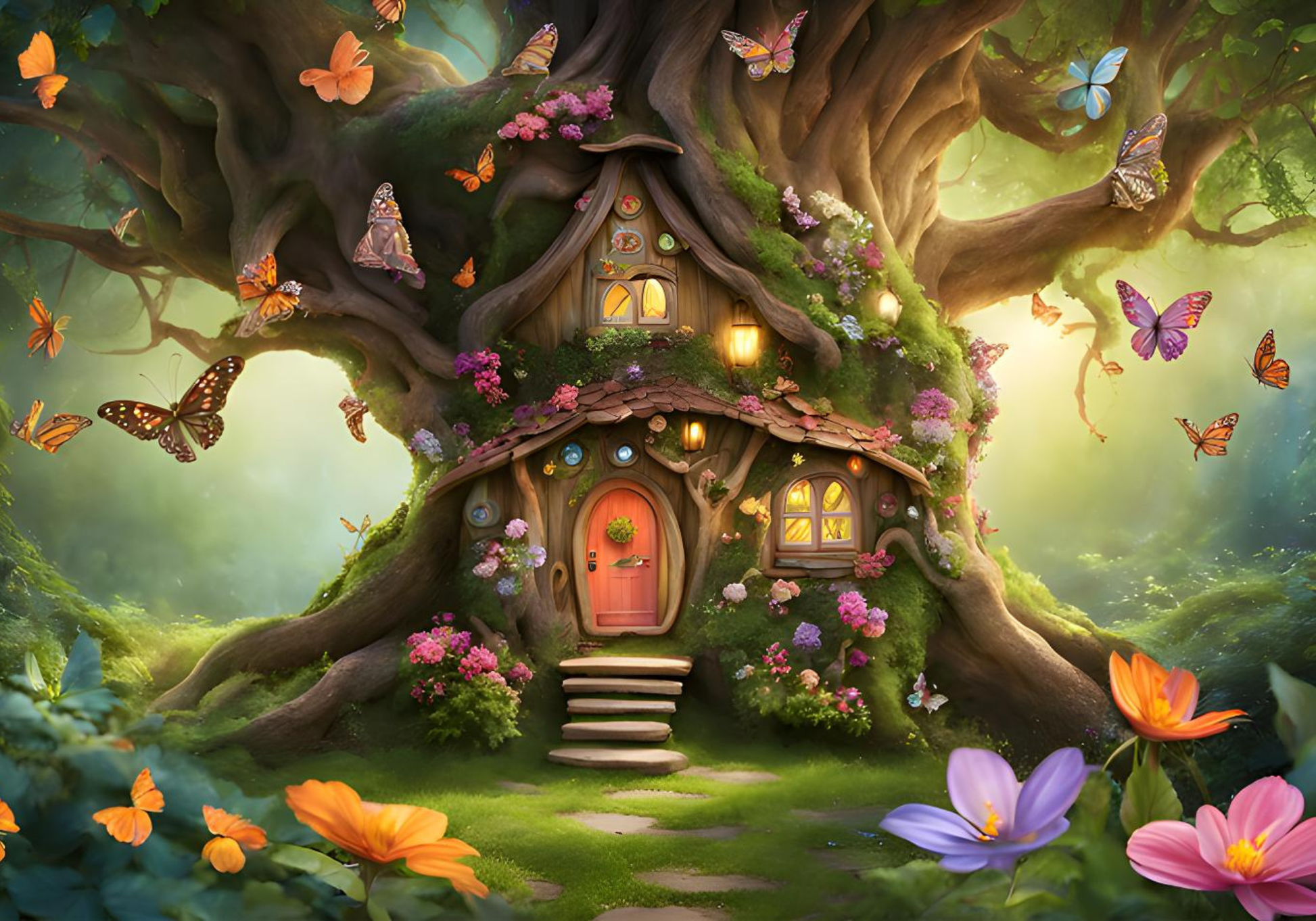 Butterfly Tree Cottage Diamond Painting Kit 50x35cm Soft Canvas