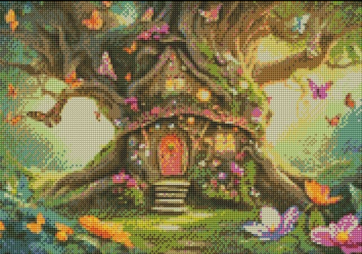 Butterfly Tree Cottage Diamond Painting Kit 50x35cm Soft Canvas