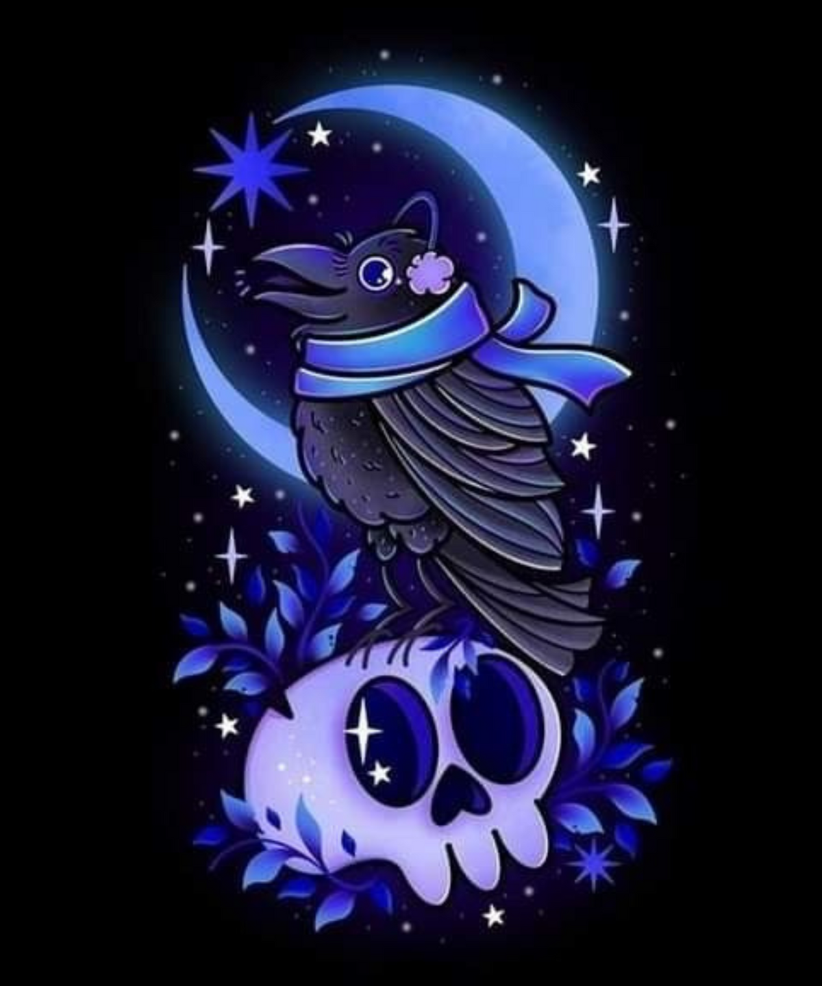 Crow & Skull Crescent Moon Diamond Painting Soft Canvas Kit 25x30cm