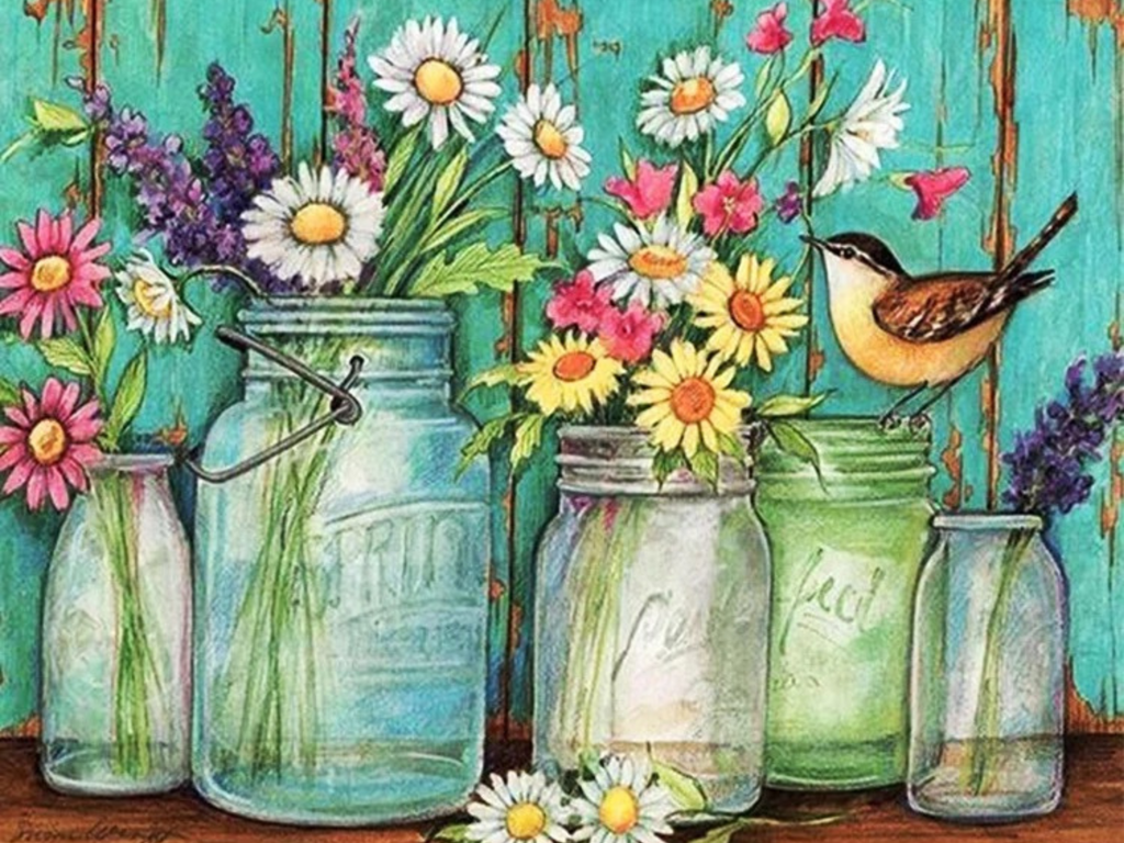 Floral Mason Jars Diamond Painting Short Lint Canvas Kit