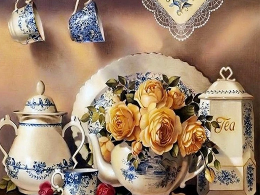 Tea Time Floral Diamond Painting Short Lint Canvas Kit